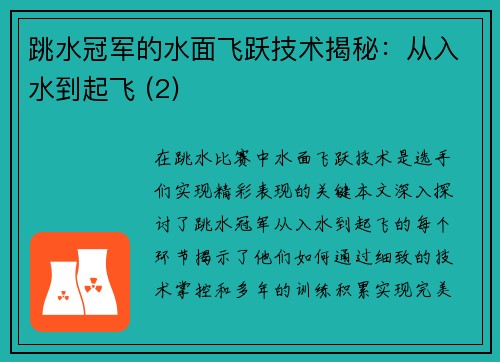 跳水冠军的水面飞跃技术揭秘：从入水到起飞 (2)